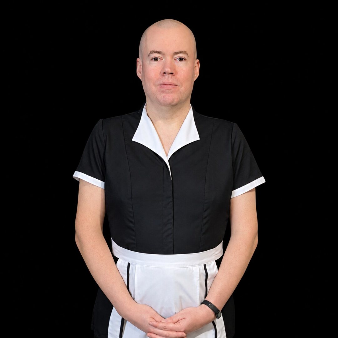 Ray Berry, professional maid and owner-operator of Maid Ray Berry LLC, in the uniformed residential housekeeping tunic and apron, Pooler, Savannah and Northeast Florida