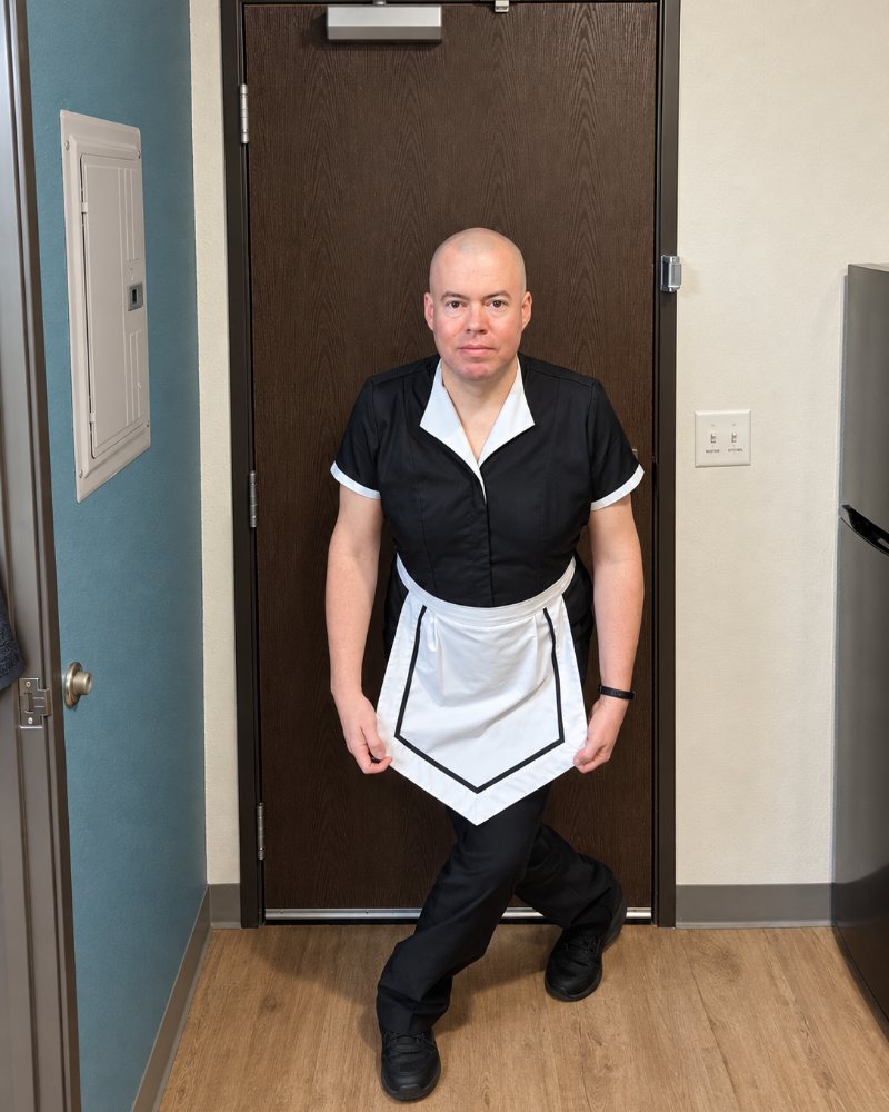 Maid Ray Berry in the working uniform, tunic and apron with black trousers